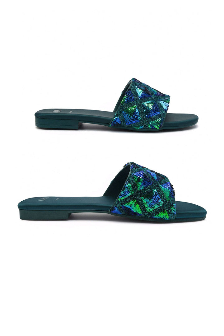 Dark green flats with sequin-detailed upper and satin insole for elegant comfort