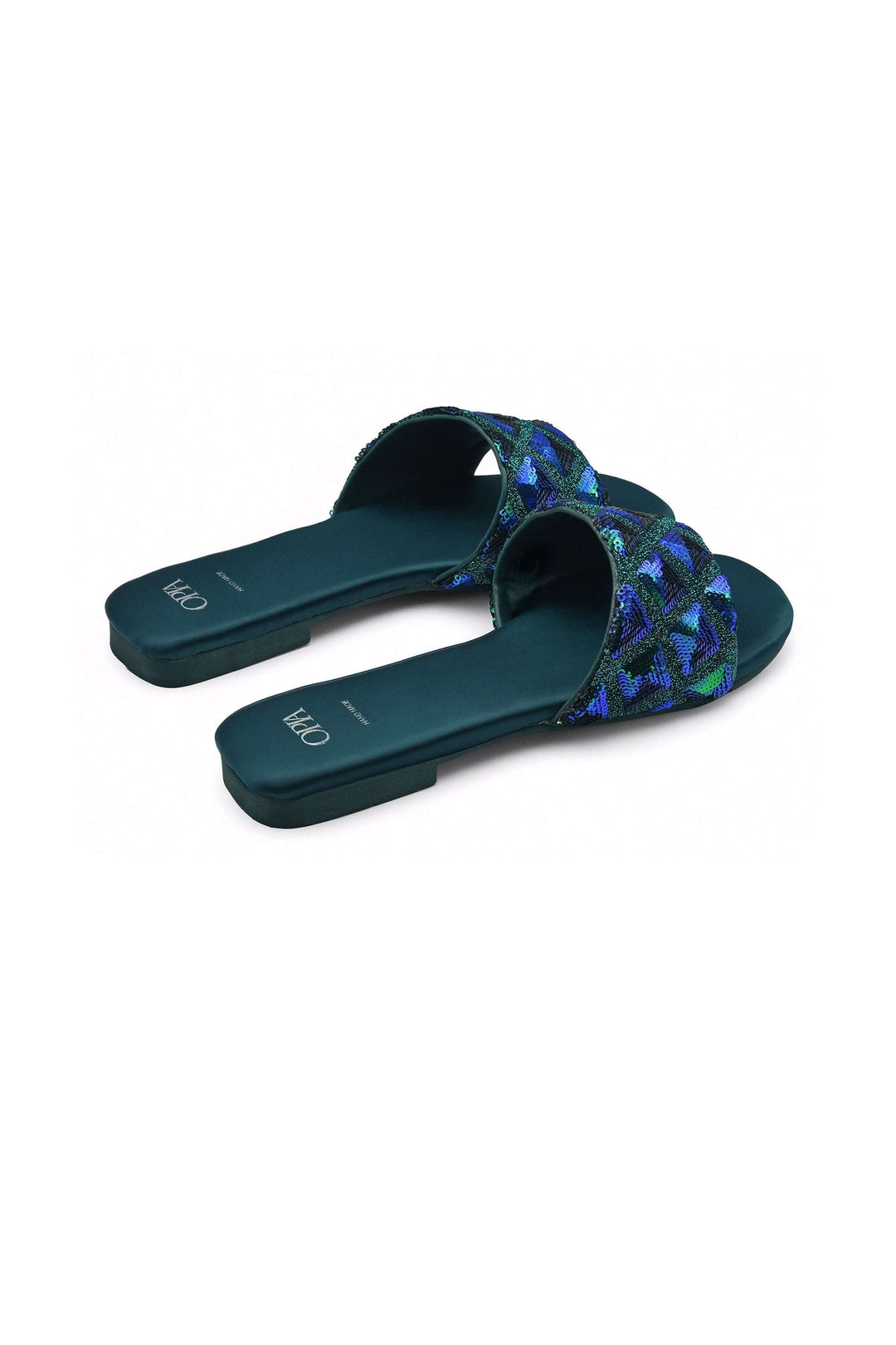 Dark green flats with sequin-detailed upper and satin insole, durable rubber sole for comfort and style