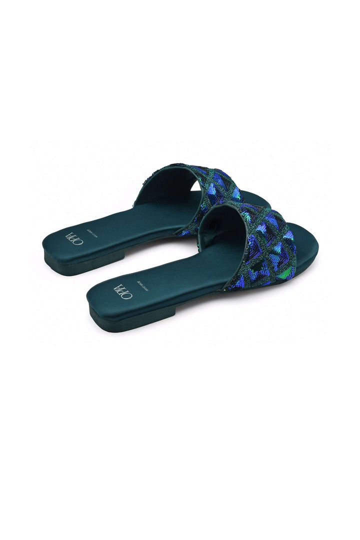 Dark green flats with sequin-detailed upper and satin insole, durable rubber sole for comfort and style