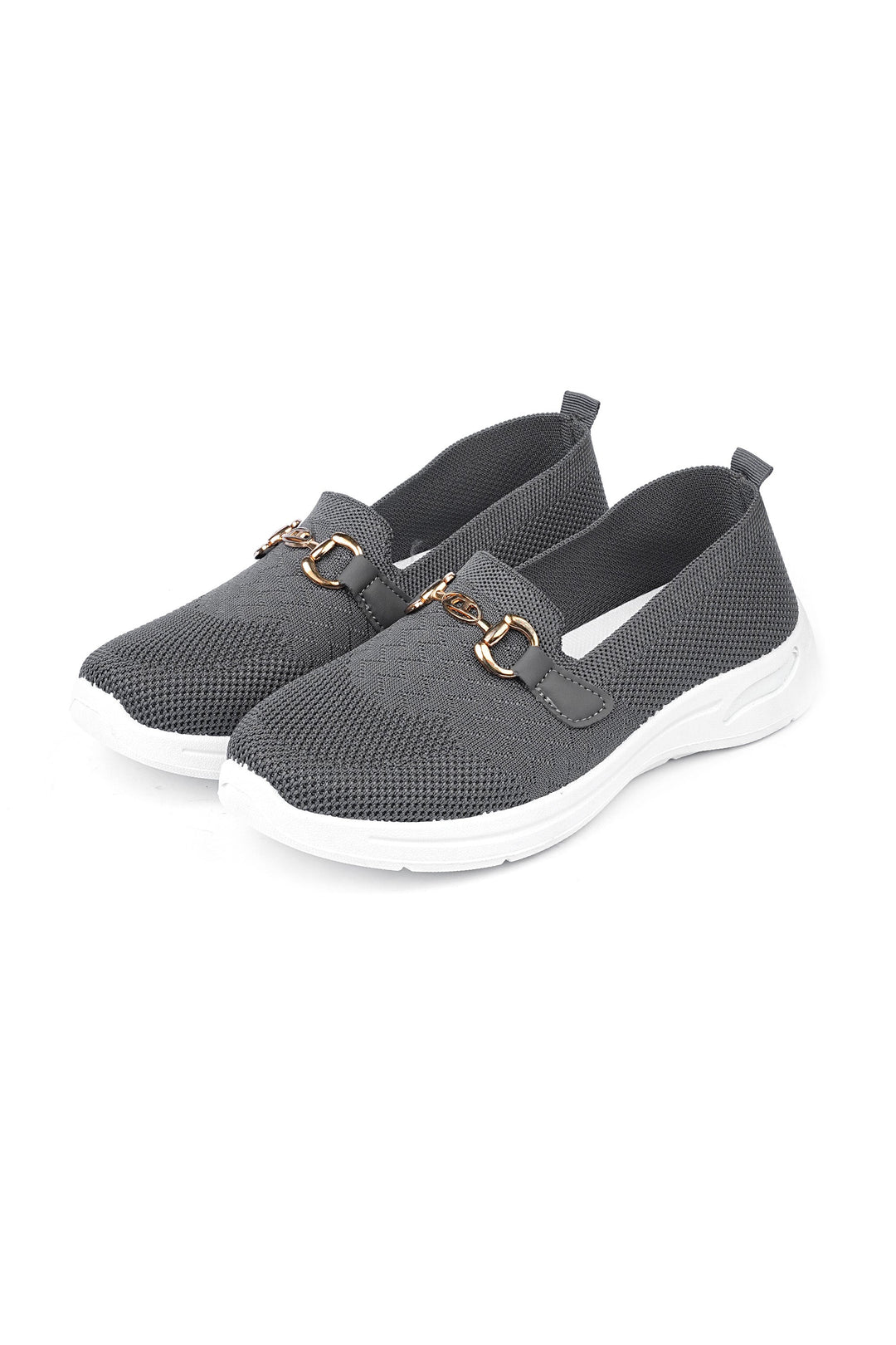 OPIA 4001 GREY laceless knit grey shoes with white cushioned sole and decorative metal buckle for comfort and stability