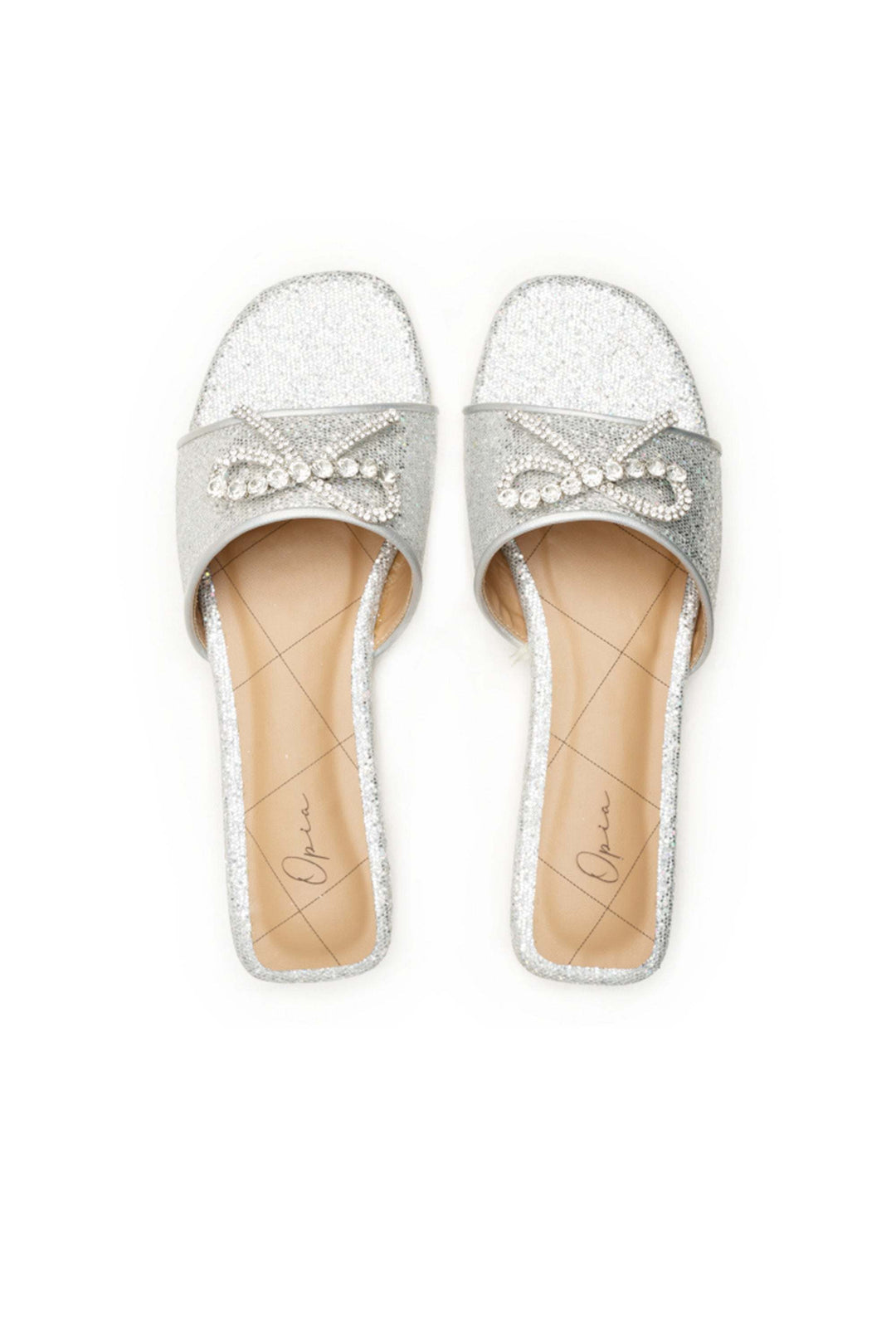 OPIA 9999 SILVER sparkly silver flats with glitter sole and stone bow embellishment for festive wear