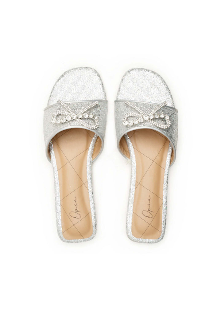 OPIA 9999 SILVER sparkly silver flats with glitter sole and stone bow embellishment for festive wear
