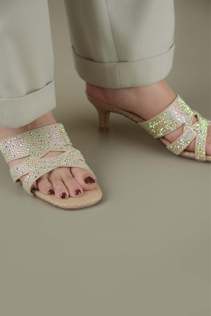 Beige OPIA 8619 heels with multi-shaded rhinestone embellishments on mid heels