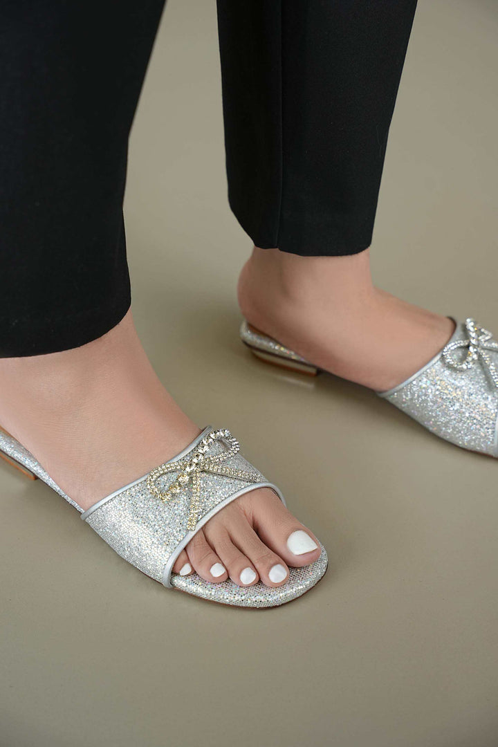 OPIA 9999 SILVER sparkly silver flats with glitter sole and stone bow embellishment