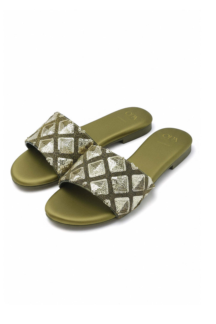 Olive flats with sequin-patterned upper and satin insole designed for everyday wear