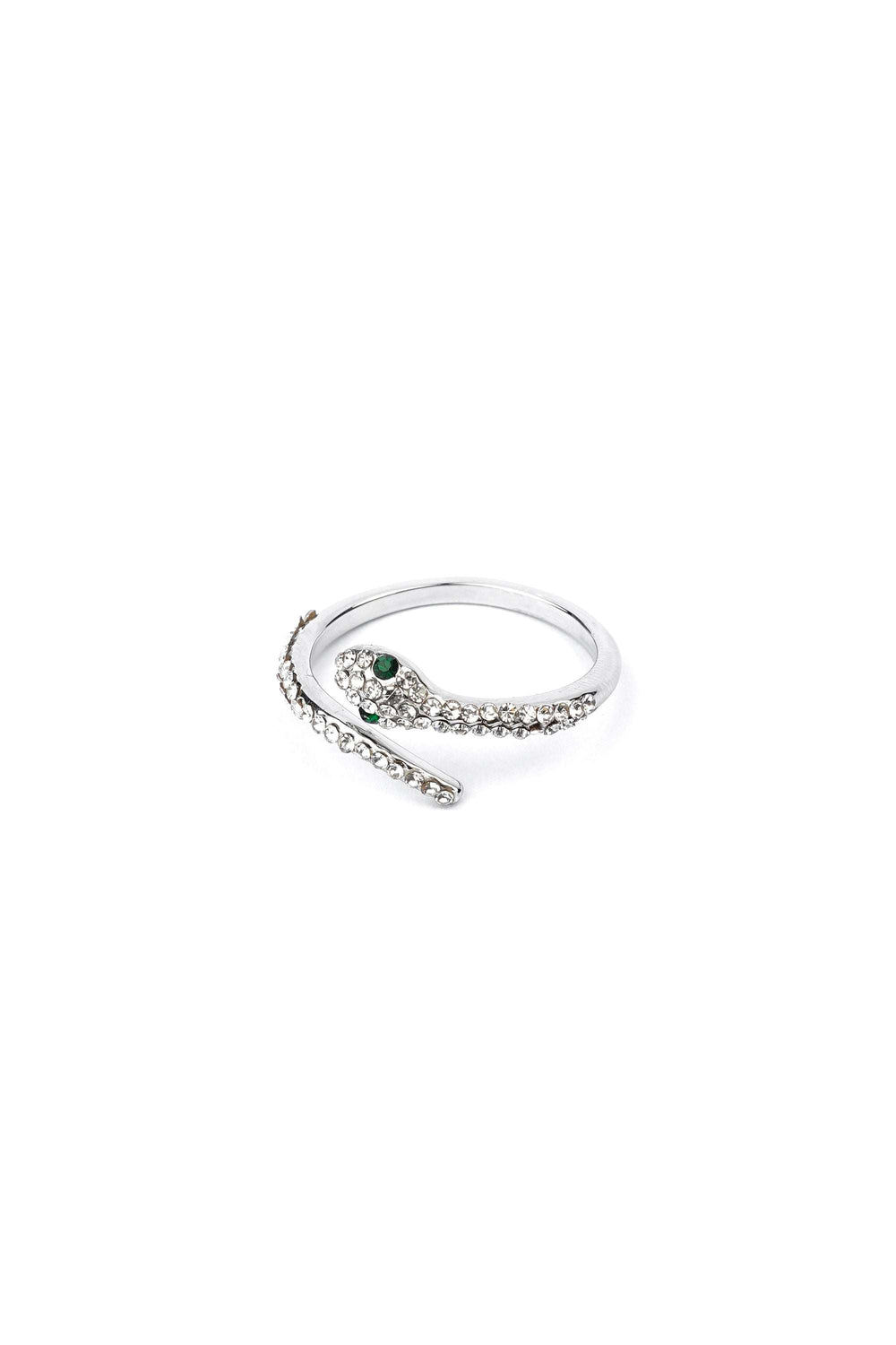 Silver-finished snake ring with zircon stones and green eyes RINGS JW1282 SLV