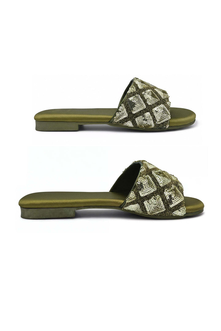Olive flats with sequin-patterned upper and satin insole, durable rubber sole