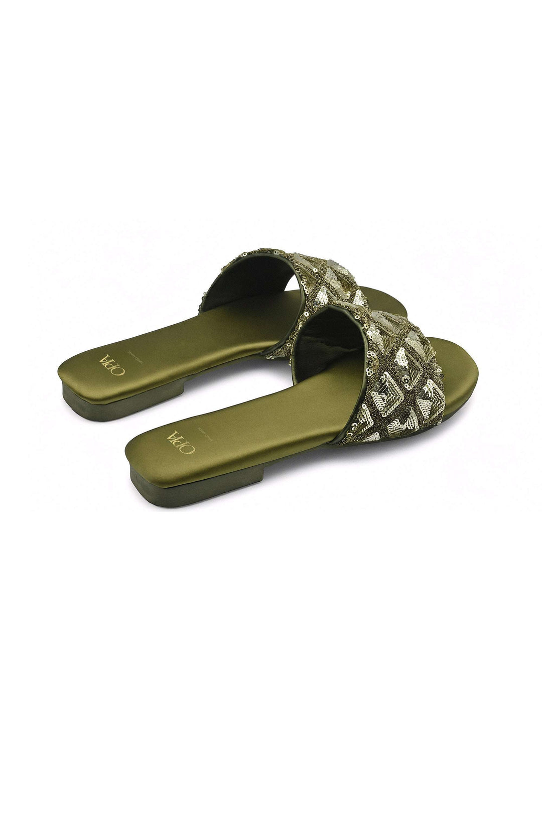 Pair of olive flats with sequin upper and satin insole on white background