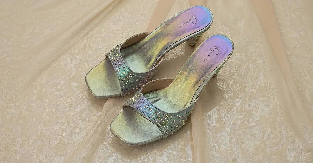 Elegant women's high-heeled sandals with iridescent finish and rhinestone embellishments, stylish women's shoes in Pakistan by OPIA by LOGO
