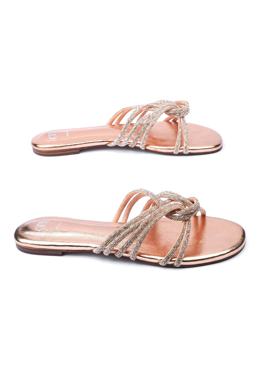 OPIA 8514 PCH peach strappy flats with knotted rhinestone-adorned straps and flat sole
