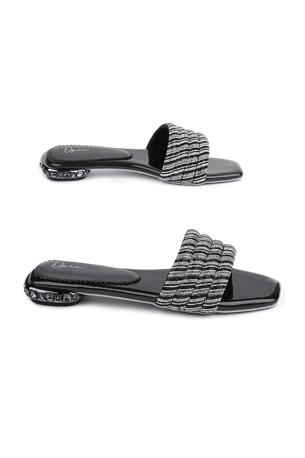 OPIA 8522 BLACK stylish black slip-on sandals with mesh rope upper and decorative stone-worked heel