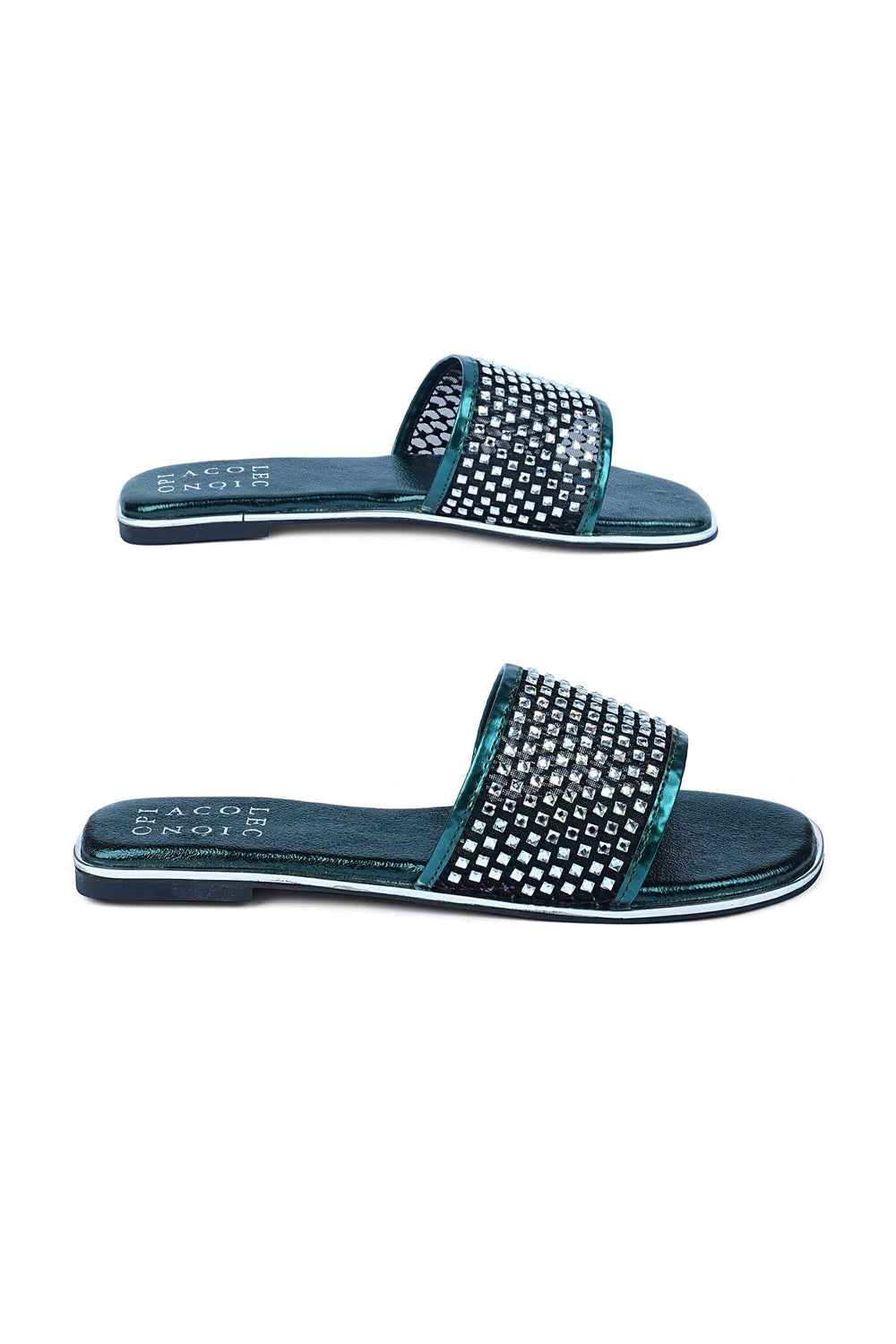 OPIA 8525 GREEN shimmer green slip-on sandals with stone-embedded net upper and padded insole