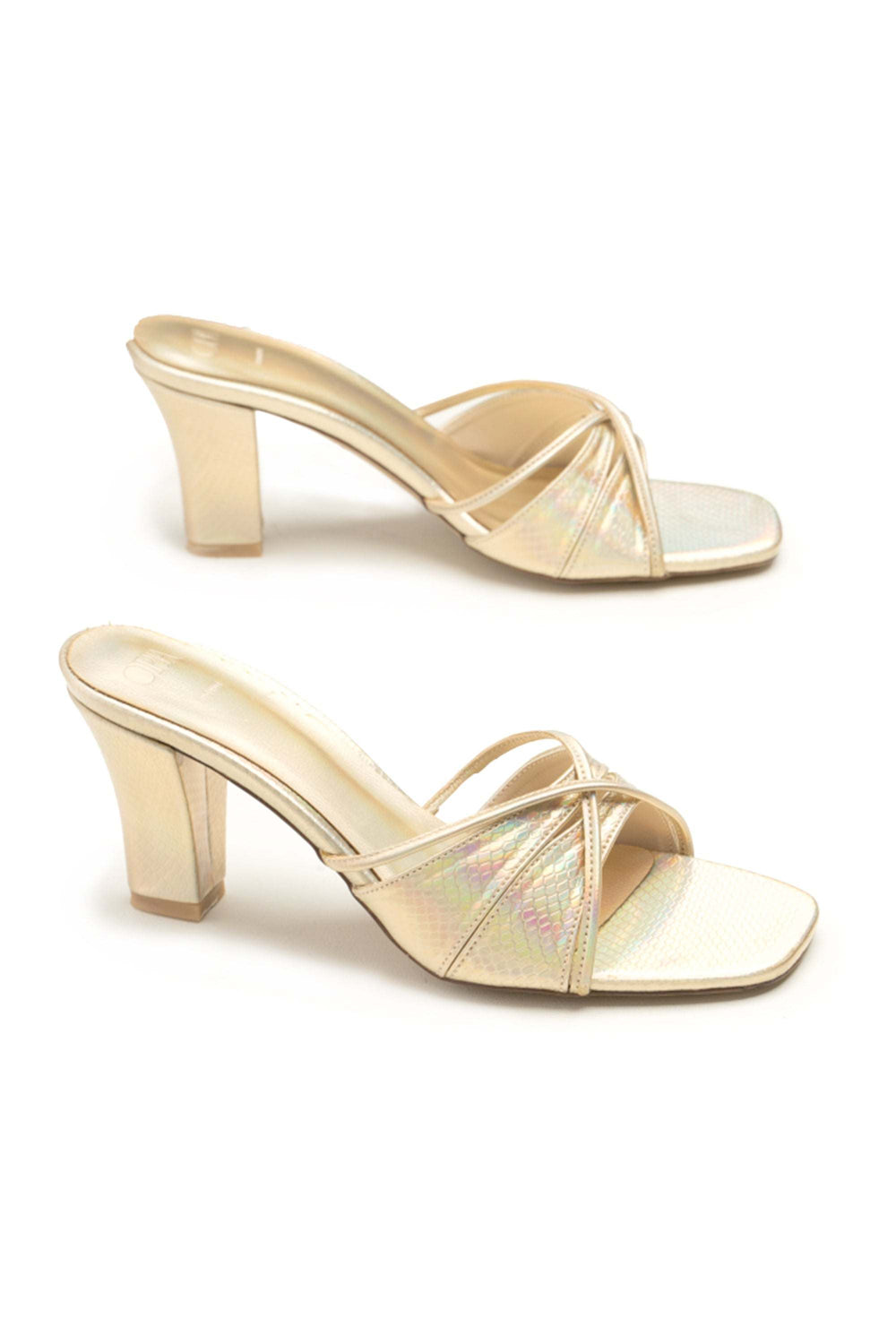 OPIA 8604 GOLD scale patterned gold heels with rainbow effect, mid-heel, open-toe design perfect for formal and casual outfits