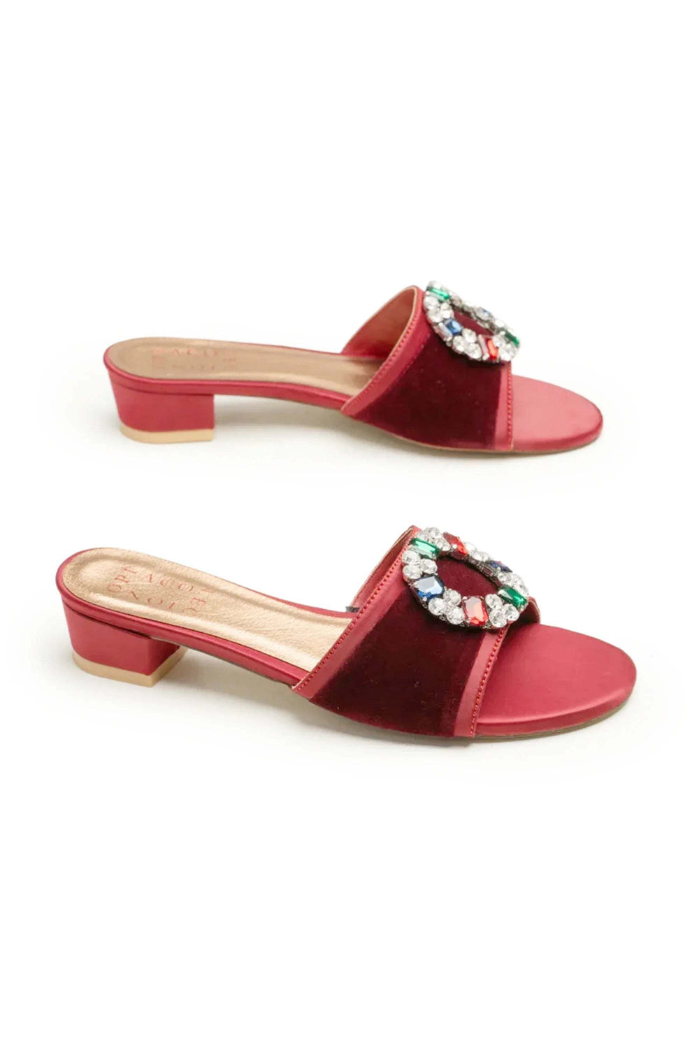 OPIA 9783 MRA maroon block heels with rhinestone embellishments and open toe design