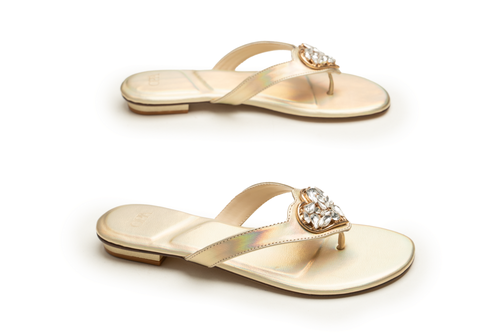 OPIA 9994 GOLD minimalistic gold flat sandal with rainbow hues and heart-shaped brooch for semi-formal wear