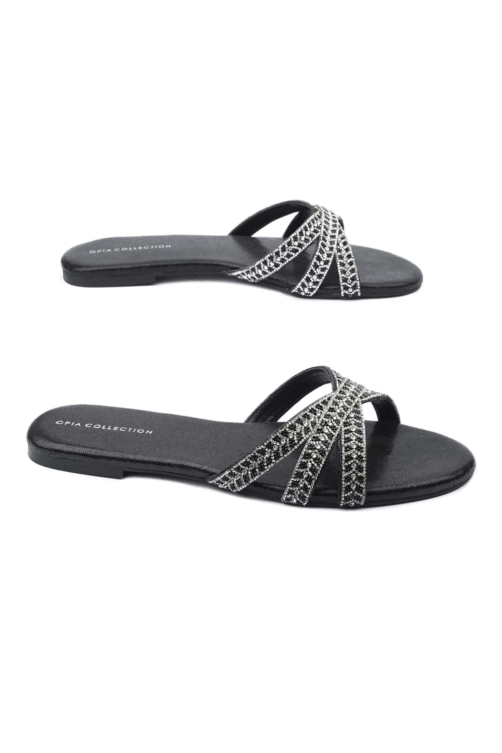 Black OPIA 9968 BLACK women's slip-on flats with multiple straps and stone diamontee details