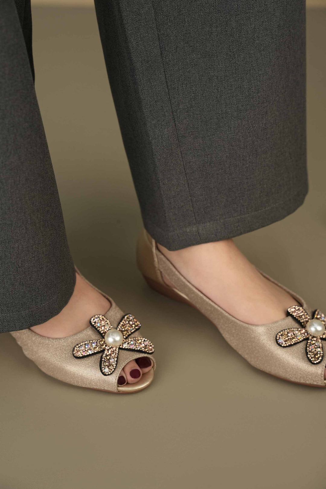 OPIA 9980 GOLD gold peep toe pumps with floral diamante and pearl embellishment