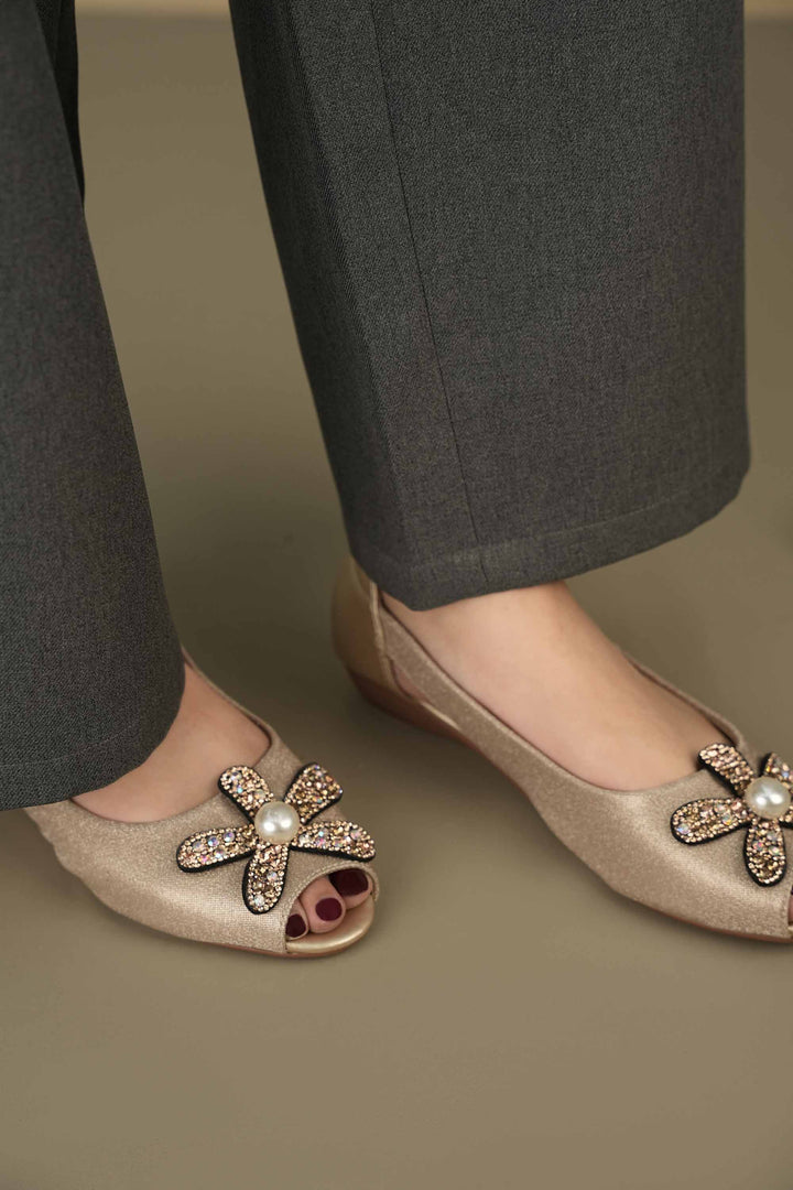 OPIA 9980 GOLD gold peep toe pumps with floral diamante and pearl embellishment