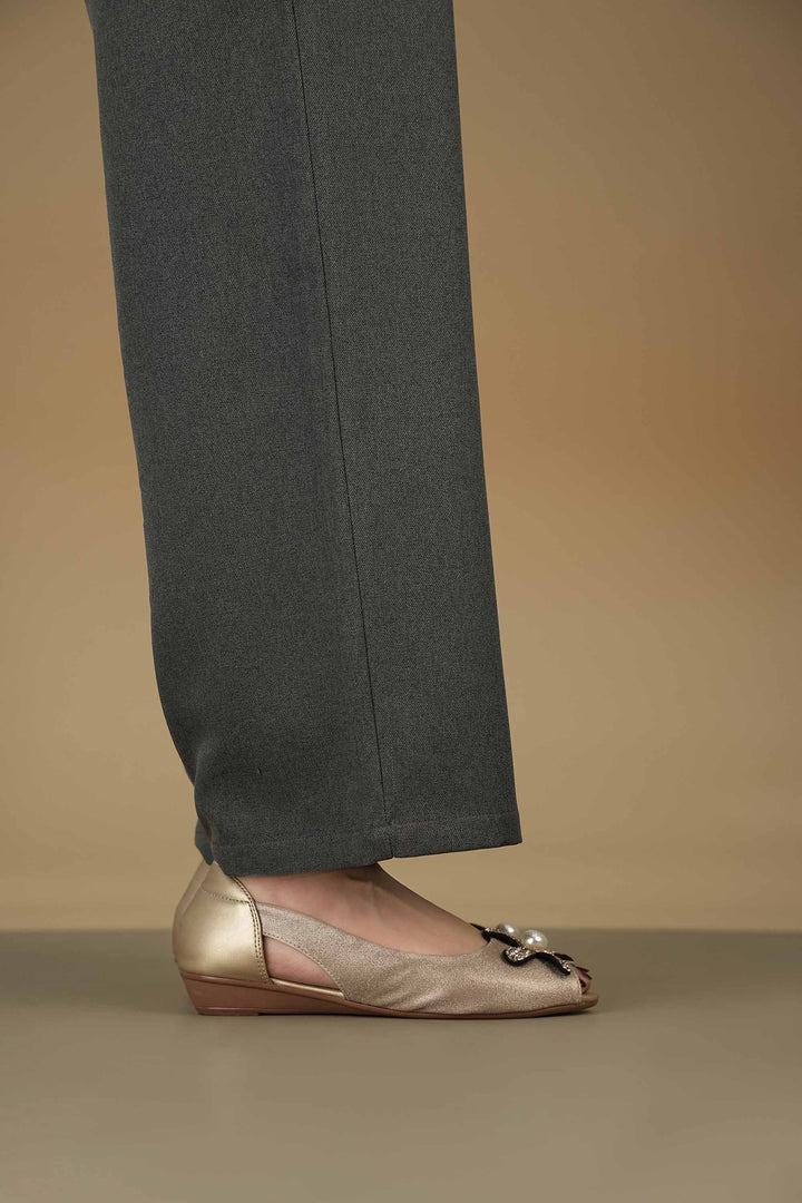 OPIA 9980 GOLD gold peep toe pumps with floral diamonte and pearl design worn with grey pants