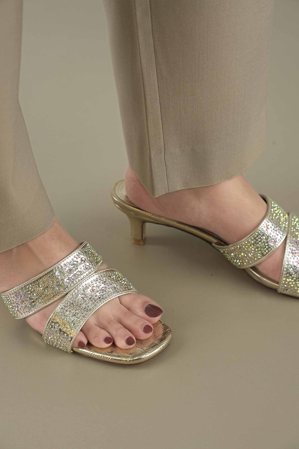 OPIA 8620 GOLD golden heels with double rhinestone straps for a festive look