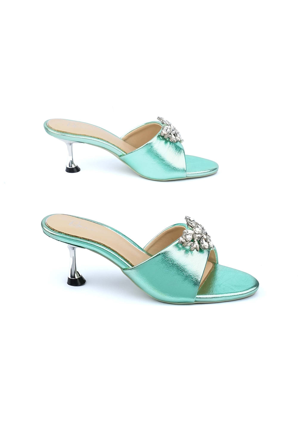 OPIA 8637 GREEN mint green metallic faux leather heels with chrome heel and decorative brooch