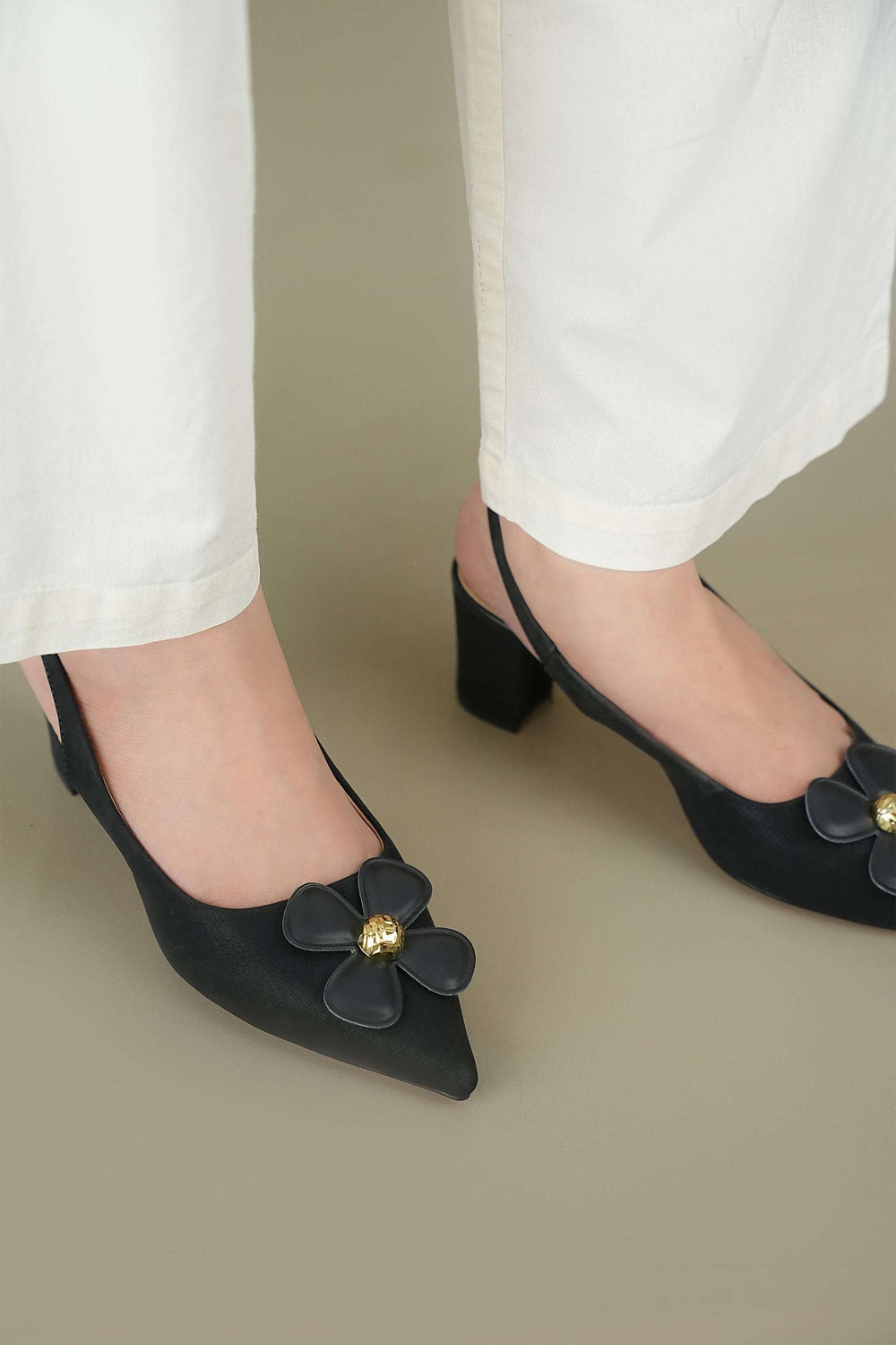 OPIA 9793 BLACK women's black leather heel pumps with floral embellishment and slingback design