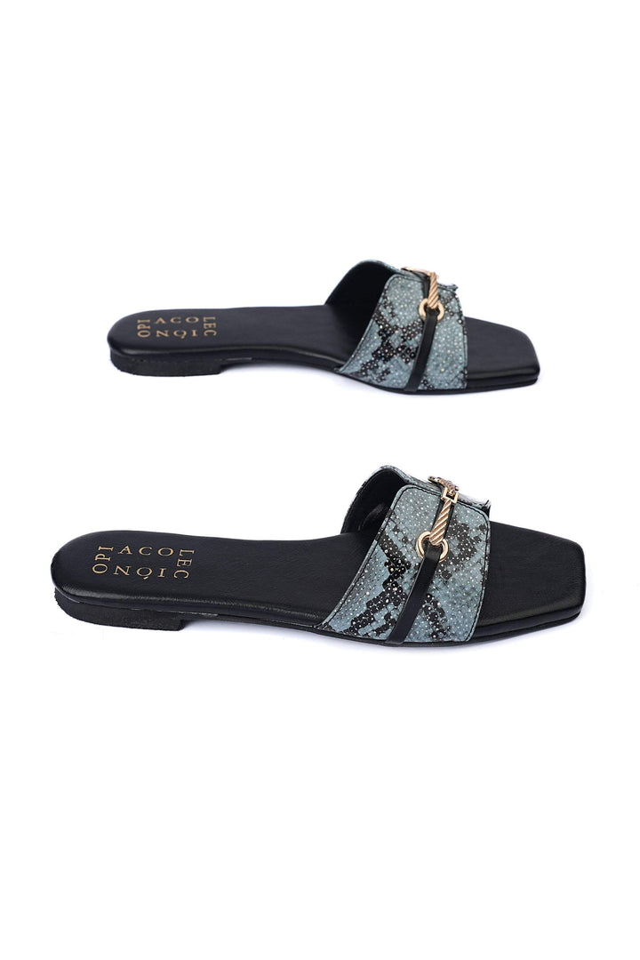 OPIA 9942 BLACK cottonmouth skin slip-on sandals with buckle detailing and blue pattern