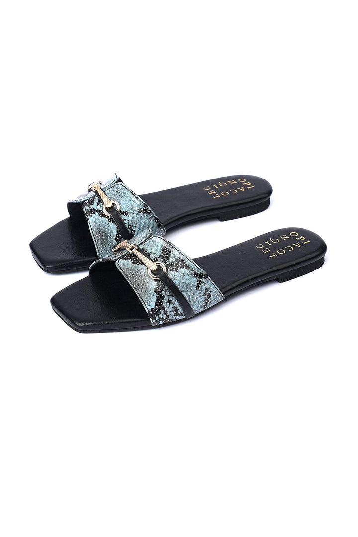 OPIA 9942 BLACK cottonmouth slip-on sandals with buckle detailing and bright blue snakeskin design