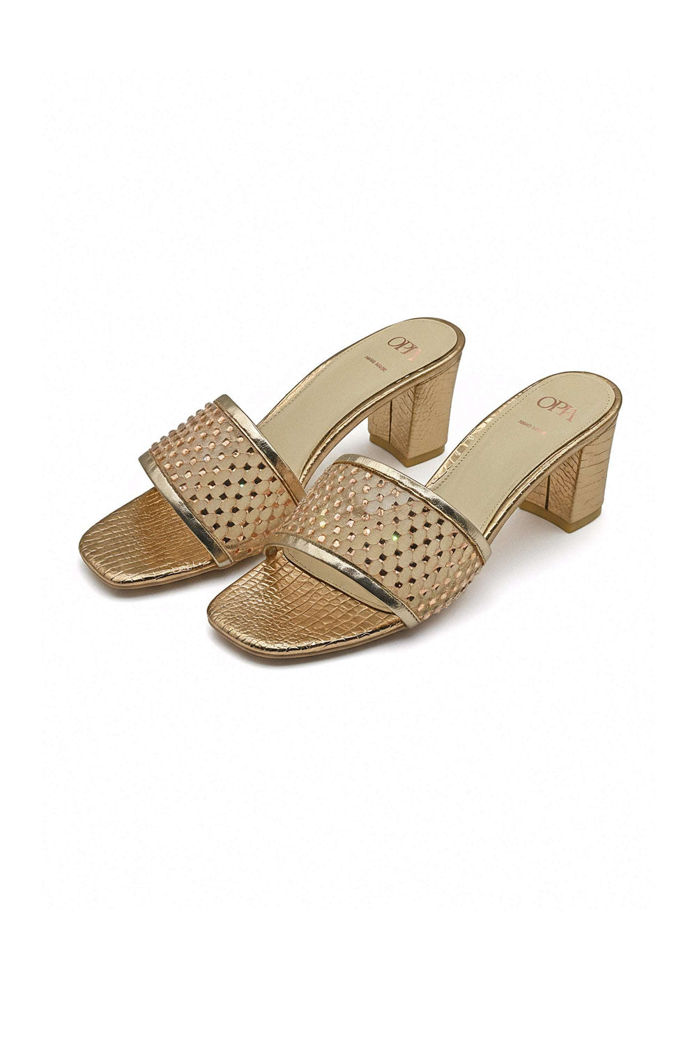 OPIA 8635 RGOLD rose gold women's slippers with rhinestone-embellished upper and metallic crocodile-textured insole