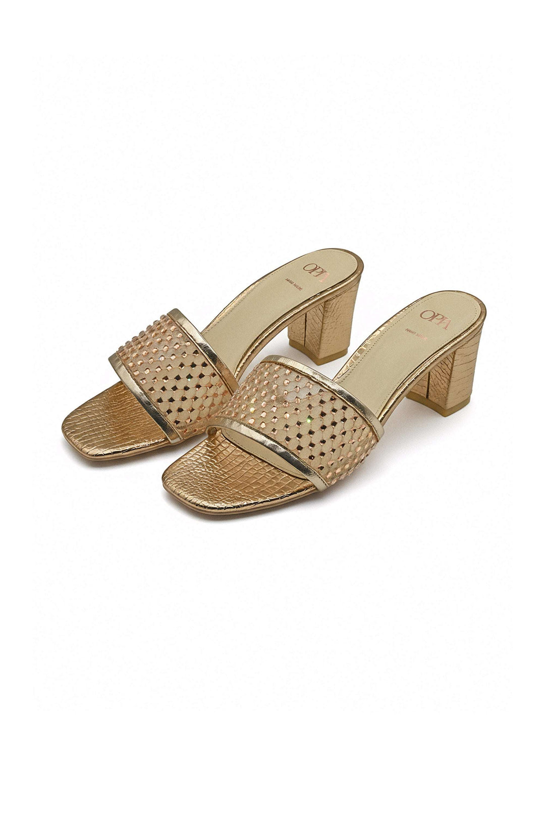 OPIA 8635 RGOLD rose gold women's slippers with rhinestone-embellished upper and metallic crocodile-textured insole