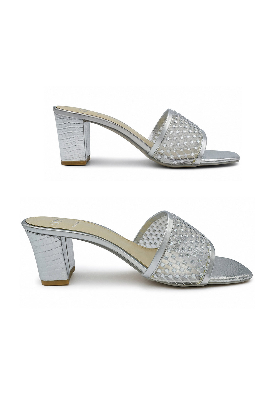 OPIA 8635 SILVER women's silver block heel slippers with rhinestone-embellished upper and metallic crocodile-textured insole