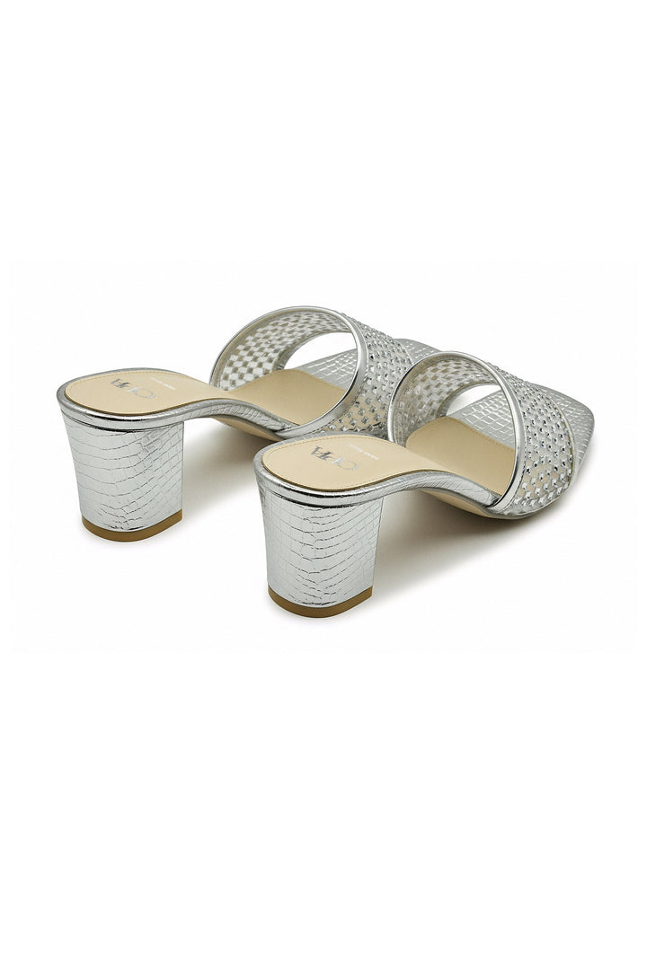 OPIA 8635 SILVER women's silver slippers with rhinestone embellishments and metallic crocodile-textured insole