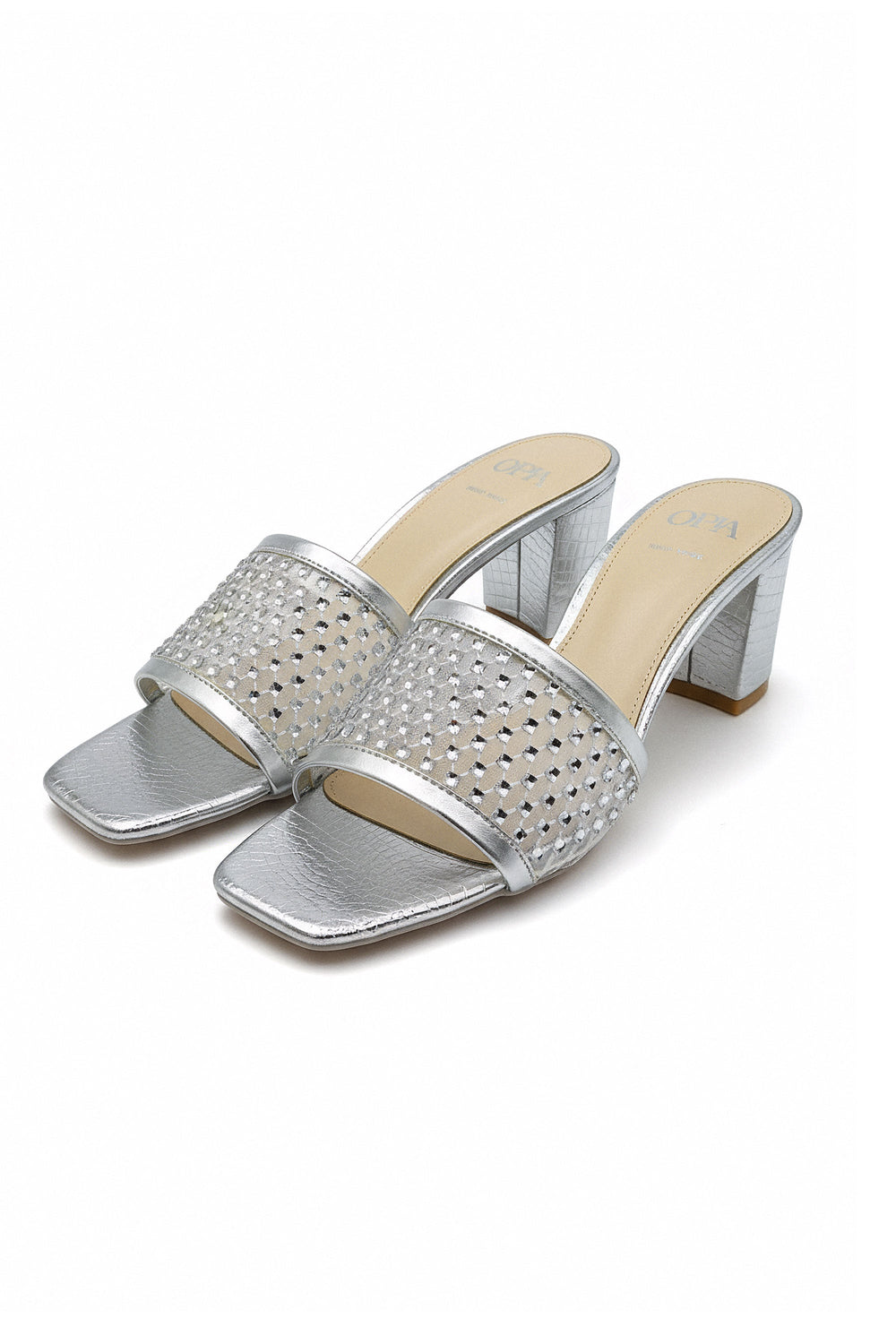 OPIA 8635 SILVER women's silver rhinestone-embellished block heel slippers with metallic crocodile-textured insole and cushioned padding